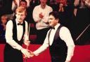 Steve Davis shakes hands with Joe Johnson in the 1986 world final, which saw Bradford's Johnson pull off one of the game's biggest shocks
