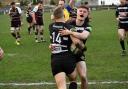 Otley v Caldy: Owen Dudman scores and is congratulated by Max Johnson
Picture: Richard Leach
