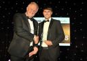 Harley Robertshaw (right) collects the award on behalf of Robertshaw’s Farm Shop at the black-tie dinner last week