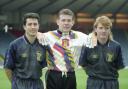 Stuart McCall, right, modelling Scotland’s kit with John Collins and the late Andy Goram