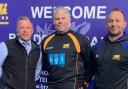Glenn Morrison, centre, is welcomed to Shay Lane by rugby chairman Chris Robinson, left, and head coach Neil Spence back in 2019