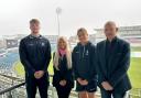 From left to right: Yorkshire CCC's star batter Finlay Bean, alongside Chloe Simpson, Partnerships Manager, SportsBreak.com, Northern Diamonds star Sterre Kalis and Andrew Boyle, Head of Business Development UK. Photo Credit: Yorkshire Cricket