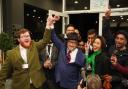 George Galloway holds a rally at his Rochdale headquarters after being declared winner of the Rochdale by-election