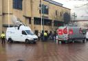 TV vans outside Bradford Crown Court for the filming of upcoming BBC drama The Moorside Project