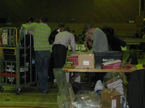 The ballot boxes arrive at Keighley Leisure Centre.
