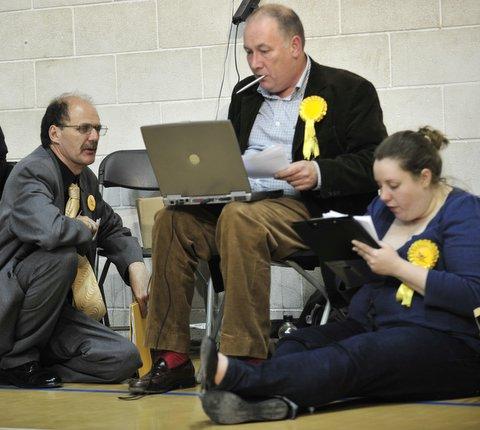 Former Lord Mayor of Bradford, Coun Howard Middleton, left, at the Bradford count.