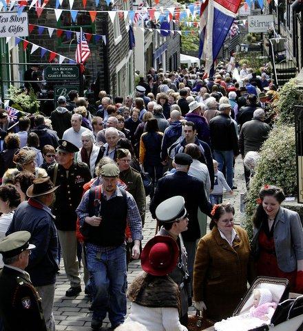 Crowds throng Main Street during the Haworth 1940s Weekend.