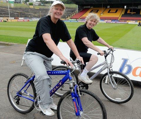 Employees at the Tesco superstore in Buttershaw, cycled 100 laps of Bradford Bulls’ Grattan Stadium to raise money for the supermarket’s charity of the year, CLIC Sargent. 
Carol Turner and general  Josie Kellett raised about £1,000 for the charity.