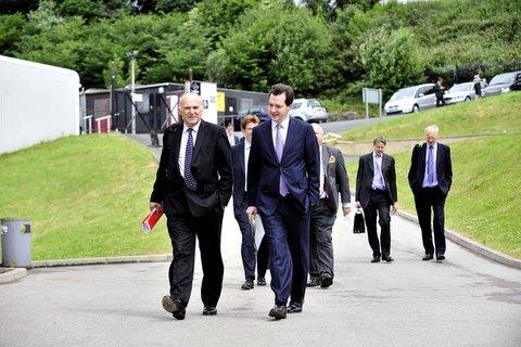 Chancellor of the Exchequer George Osborne and Business Secretary Vince Cable arrive at Odsal.