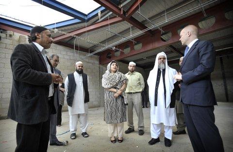Foreign Secretary William Hague visits the new Suff Tul Islam Mosque on Horton Park Avenue following the Cabinet meting at Odsal. The spiritual leader of the mosque, Sabzaba Habib Ul Rehman, is pictured to Mr Hague's right.