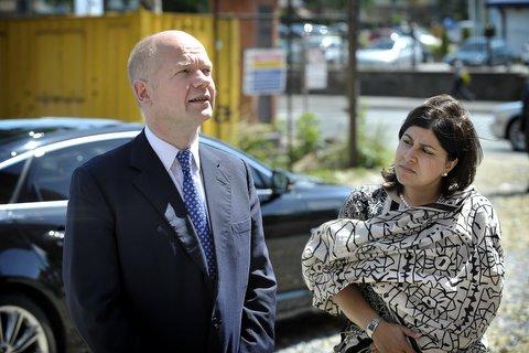Foreign Secretary William Hague arrives at the new Suff Tul Islam Mosque on Horton Park Avenue with Baroness Sayeeda Warsi, Conservative Party Chairman.