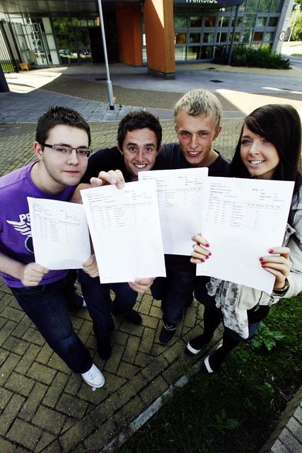 Parkside School A-level students, from left, Jonathan Kennedy, who is off to Lancaster University; Matthew Halliday, bound for Newcastle; Alex Waterman, going to Leeds; and Claire Mayo, heading to York.