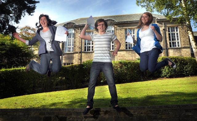 Bingley Grammar school A-level students Samantha Love, Tom Leach and Sara Dalton celebrate their results.