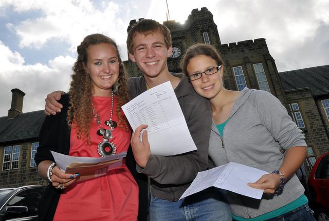 Natasha Brayshaw, Jonathan Waite and Eleanor Ainscoe celebrate receiving their results at Bradford Grammar School