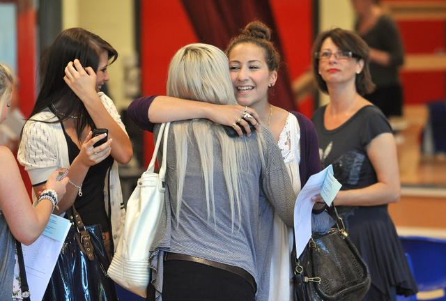 Students congratulate one another on their A-level results at Bingley Grammar School.