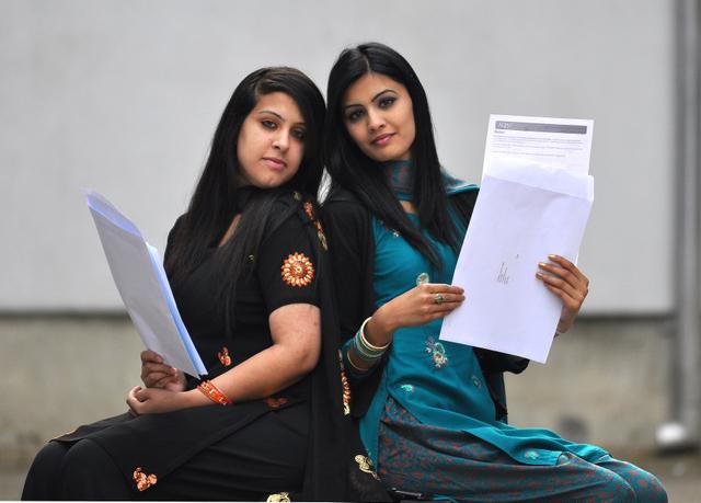 A-level students Iram Hussain and Ummera Ahmed with their results at Challenge College.