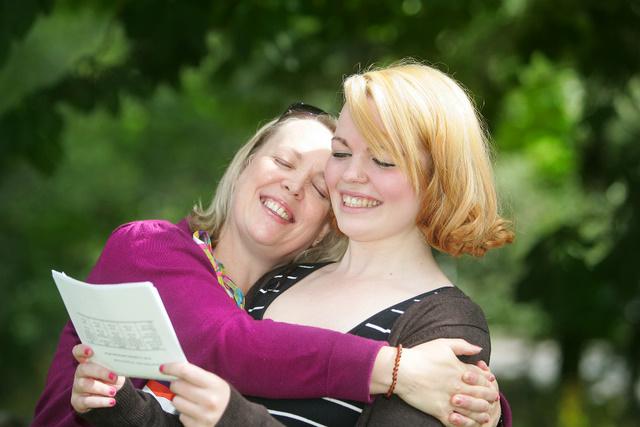 Craven College A-level student India Brownbill gets a hug fom her mother Annette Binns as she collects her results on her 18th birthday
