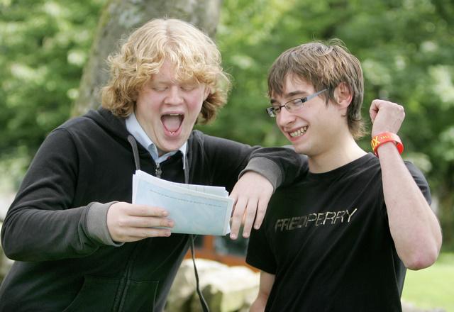Peter Hitchen and Wiliam Carr look amazed as they pick up their A-level results at Craven College.