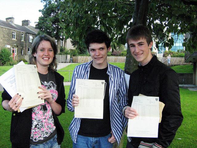 South Craven School students Kim Barrett, Ben Corcoran, Luke Cameron collect their results