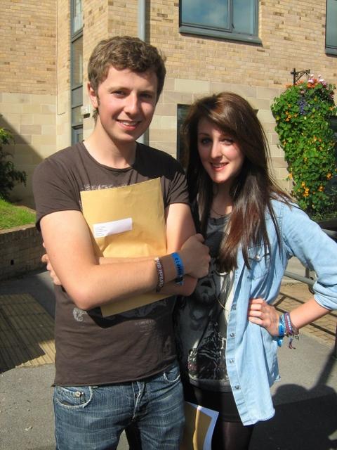 Ciaran O’Neill and Georgie Gavins, students at the Greenhead/Holy Family associated sixth form, with their results