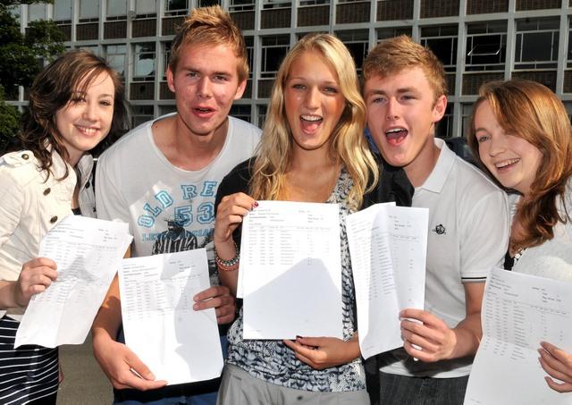 Students Danielle Crispin, Connor Brown, Vanessa Schofield, Luke Cartwright and Elizabeth Abbey pick up their A-level results at Benton Park School, Rawdon