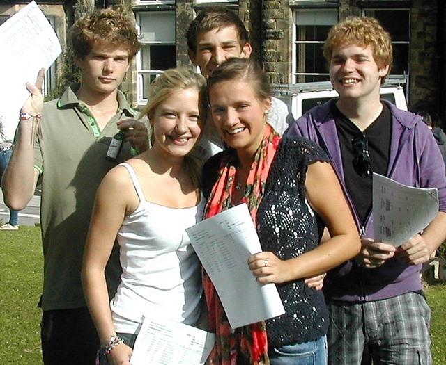 Adam Bennett, Sophie Padgett, Andy Malley, Sarah Bowes and Neil Wilyman celebrate picking up good A-level results at Ilkley Grammar School