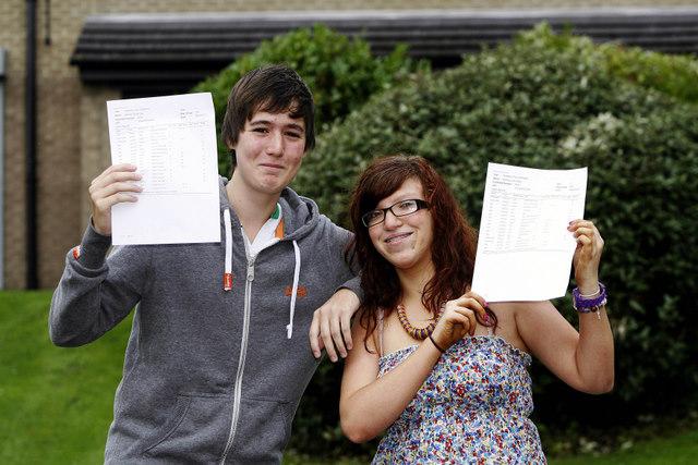 Oakbank School GCSE students Sam Hey and Beth Mosby, both 16, celebrate picking up their exam results