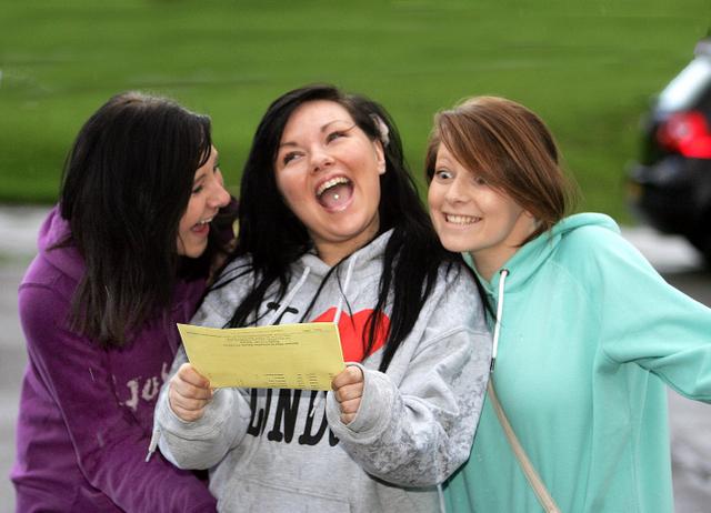 South Craven School GCSE pupils Jessica Harrison, Aimee Johnson and Zoe Robinson open their results together