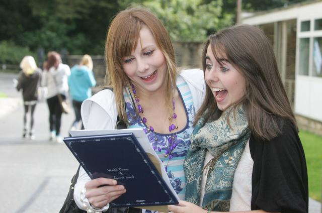 Gemma Harlowe and Sarah Kissack check their results papers at Aireville School, Skipton