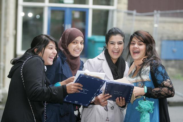 Aireville School pupils Sophia Tariq, Alia Khalid, Ruqayyah Rafiq and Iran Ali celebrate their GCSE results