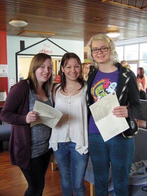 Laura Procter, Lydia Humphrey and Laura Sharples with their results at South Craven School