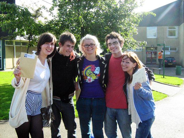 South Craven School students Rachel O'Driscoll, Luke Cameron, Laura Sharples, James Broughton and Lydia Humphrey celebrate getting their A-level results