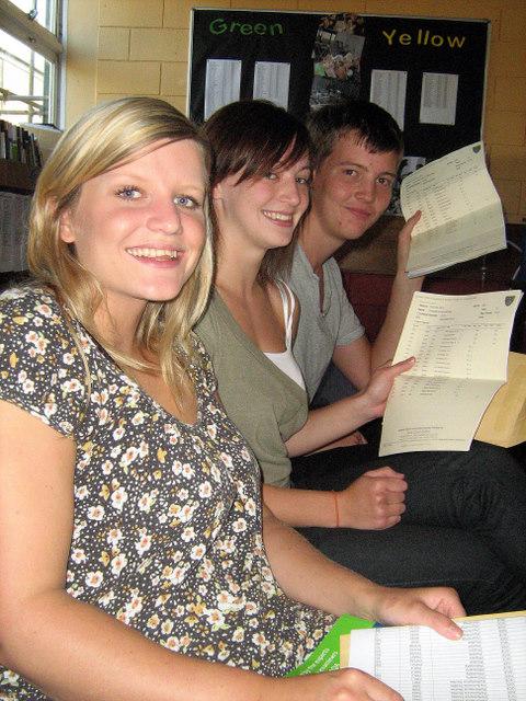 Amy Snowden, Charlotte Pike and Alex Thiery check their results at South Craven School