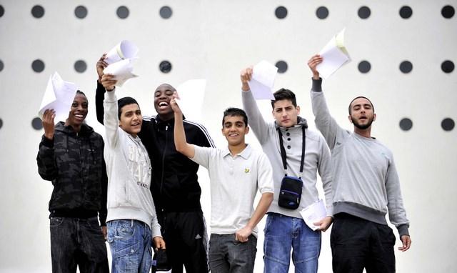 Tong High School students with their exam results papers