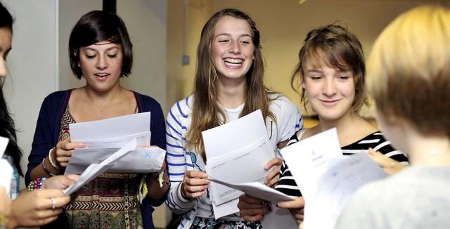 Kathrine Lacey (centre) and friends check their exam results at Beckfoot School