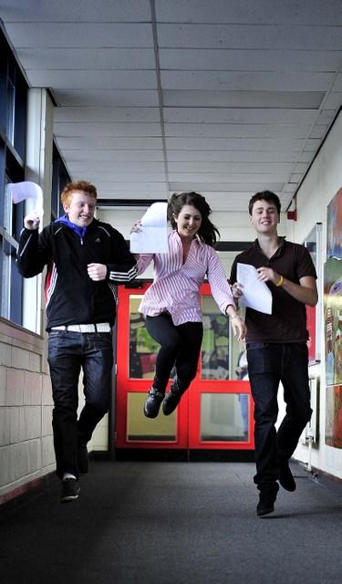 Bingley Grammar School GCSE students James Robinson, Lyndsey Starr and Joel Fulford celebrate their exam success