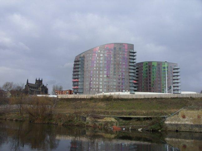 The 21st century Echo appartment buildings with the 19th century Parish Church of St Saviours, Leeds, taken by Col Magill, of Lime Tree Square, Hirst Wood, Shipley.