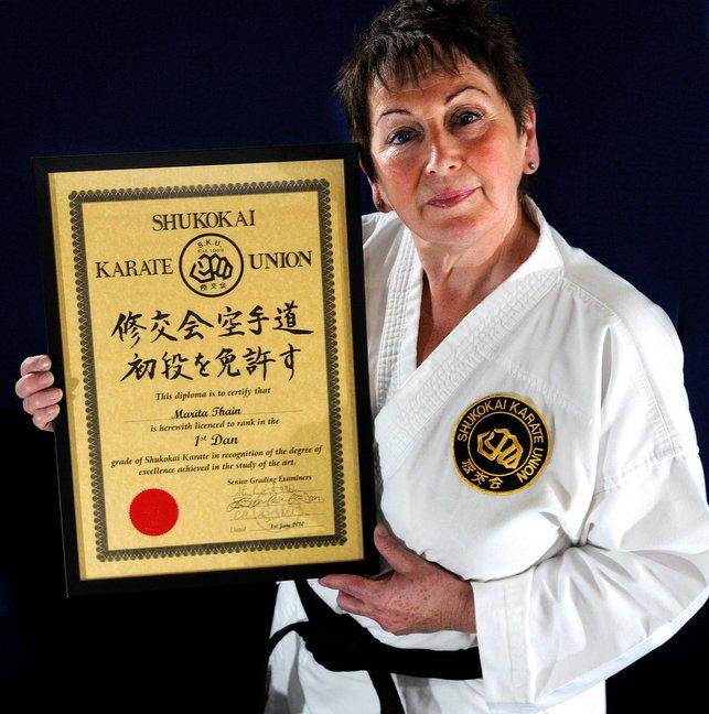 A grandmother has overcome a debilitating condition to win the ultimate prize in the world of martial arts. 
Marita Thain has gained a black belt in karate despite being diagnosed with multiple sclerosis. 
