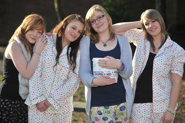 Students from Queensbury Shool are holding events to raise money for Children in Need.  Pictured at a PJ party are Lindsay Moorhouse, Nichola Pearson, Emily Hands and Amy Haggerty. 