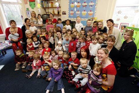 Children and staff from Bridge House Nursery, Steeton, who dressed in spotted clothes for Children in Need.
