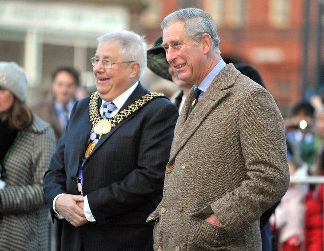 Prince Charles outside City Hall with the Lord Mayor of Bradford, Councillor Peter Hill.