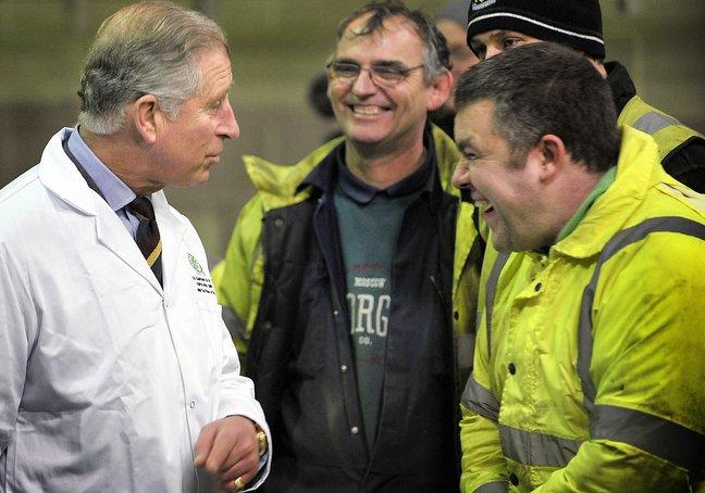 Prince Charles chats to employees at the Haworth Scouring Company, off Leeds Road during his visit to the area.