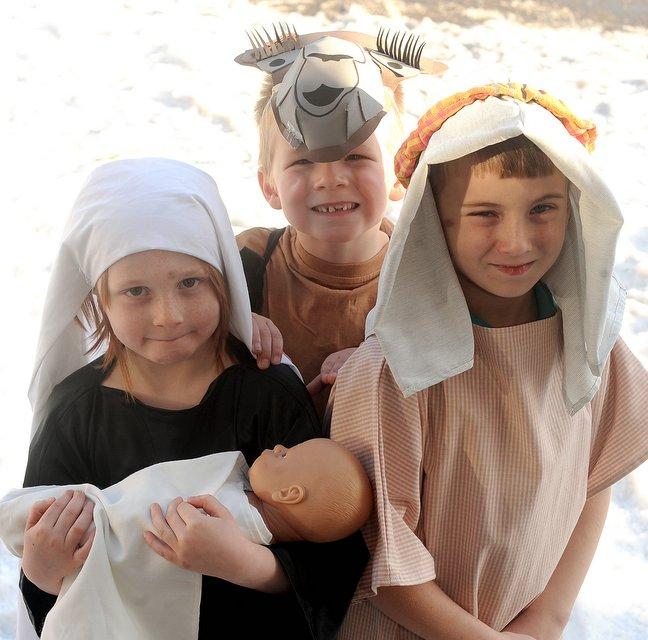 Appearing in Hill Top C of E Primary School, Keystage 1 Nativity, Humph the Camel, were, Katie Smith, 6, as Mary, Zach Thackeray, 6, as Humph, and Charlie Camm, 7, as Joseph.