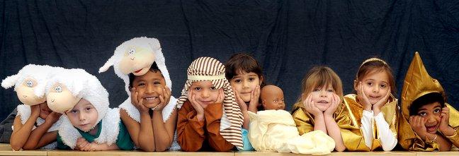 Taking part in Poplars Farm Primary School Nativity 'The Little Red Robin' were, from the left, Rahees Alam, 4, Lee Mitchell, 4, Hamim Siddique, Nathan Simpson, 5, Ameera Ayub, 5, Kelcey Murphy, 4, Aaliyah Little, 6, and Ajay Briscoe, 4.