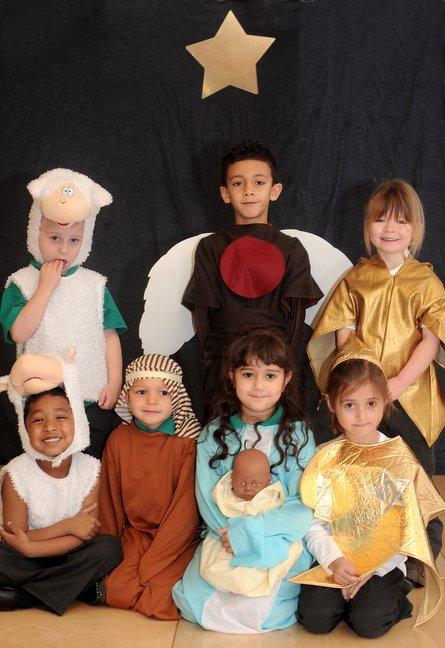 Appearing in Poplars Farm Primary School Nativity 'The Little Red Robin' were, from the left, front, Rahees Alam, 4, Nathan Simpson, 5, Ameera Ayub, 5 and Aaliyah Little, 6. Back, Lee Mitchell, 4, Haris Hussain, 6, and Kelcey Murphy, 4.
