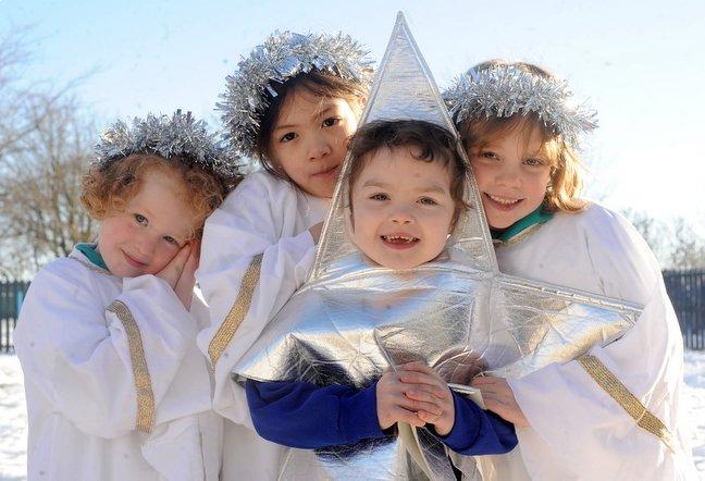 Appearing in Thornton Primary School and Children's Centre Nativity were, from the left, back, Scarlet Clayton, 5, Angel Harris, 5, and Freya Horner, 5, and front Amy Lawrence, 5.