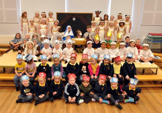 The cast of Woodside Primary School, Buttershaw, Nativity 'Whoops a Daisy Angel'.