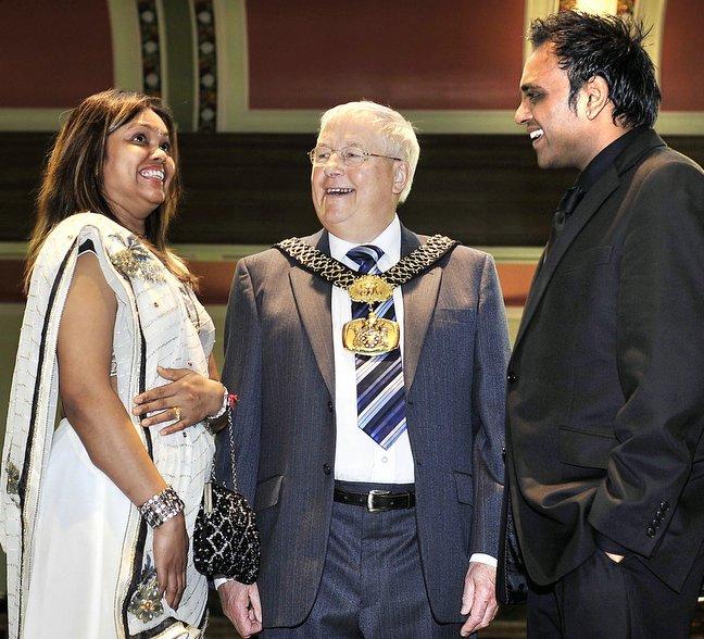 A Bradford Indian vegetarian restaurant named as one of the best in Britain by celebrity chef Gordon Ramsay was honoured with a civic reception at City Hall. 
Prashad owners Minal and Bobby Prashad with Lord Mayor of Bradford, Councillor Peter Hill.
