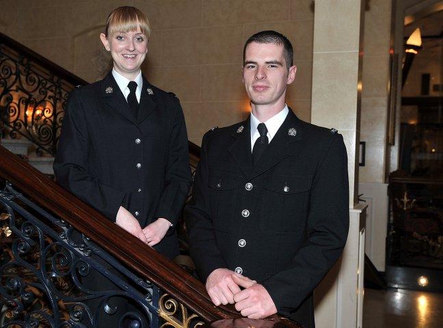 PC Angela Ryan, who was confronted with life or death situations three times in a matter of weeks, with PC Daniel Sharp-Tetley, who was also involved in two of the incidents.