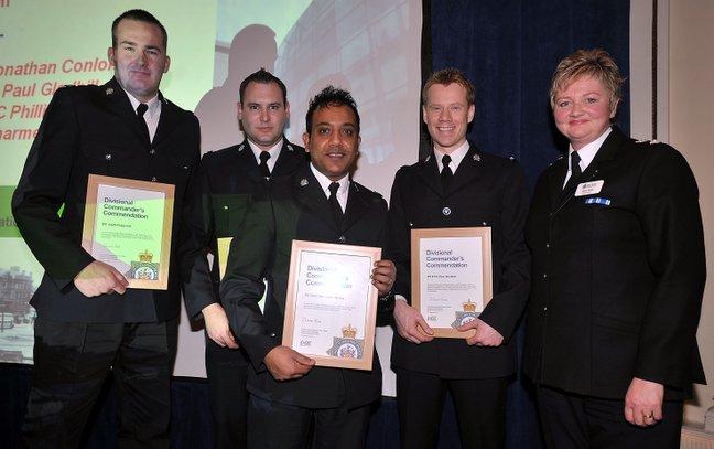 The Thorn Street team (from left) PCs Philip Gill, Jonathan Conlon,  Dharnesh Mistry and Paul Gledhill with Chief Superintendent Alison Rose.
